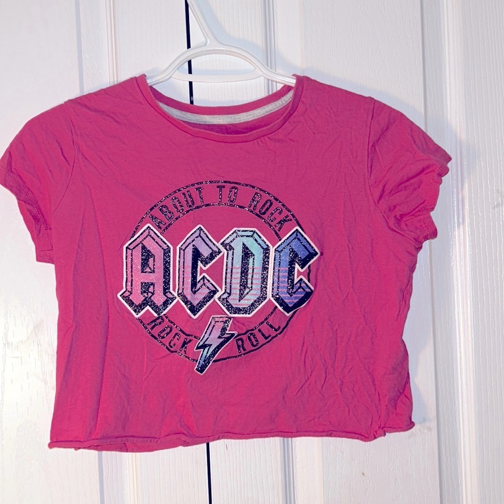 Y2K AC/DC OMBRE PINK BLUE CROP TOP GLITTER ROCK ROLL BABY TEE T-SHIRT SHIRT
